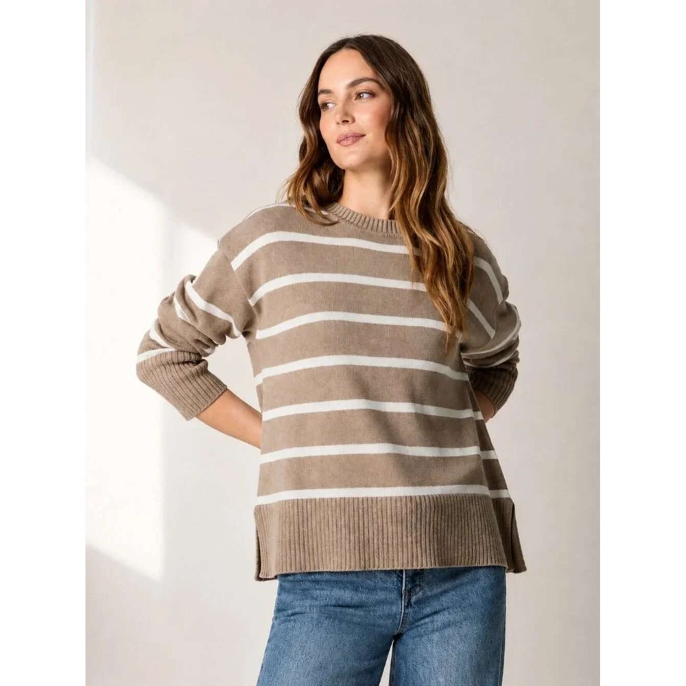 J.Crew Sweater Women Medium Brown White Striped Cotton Crewneck